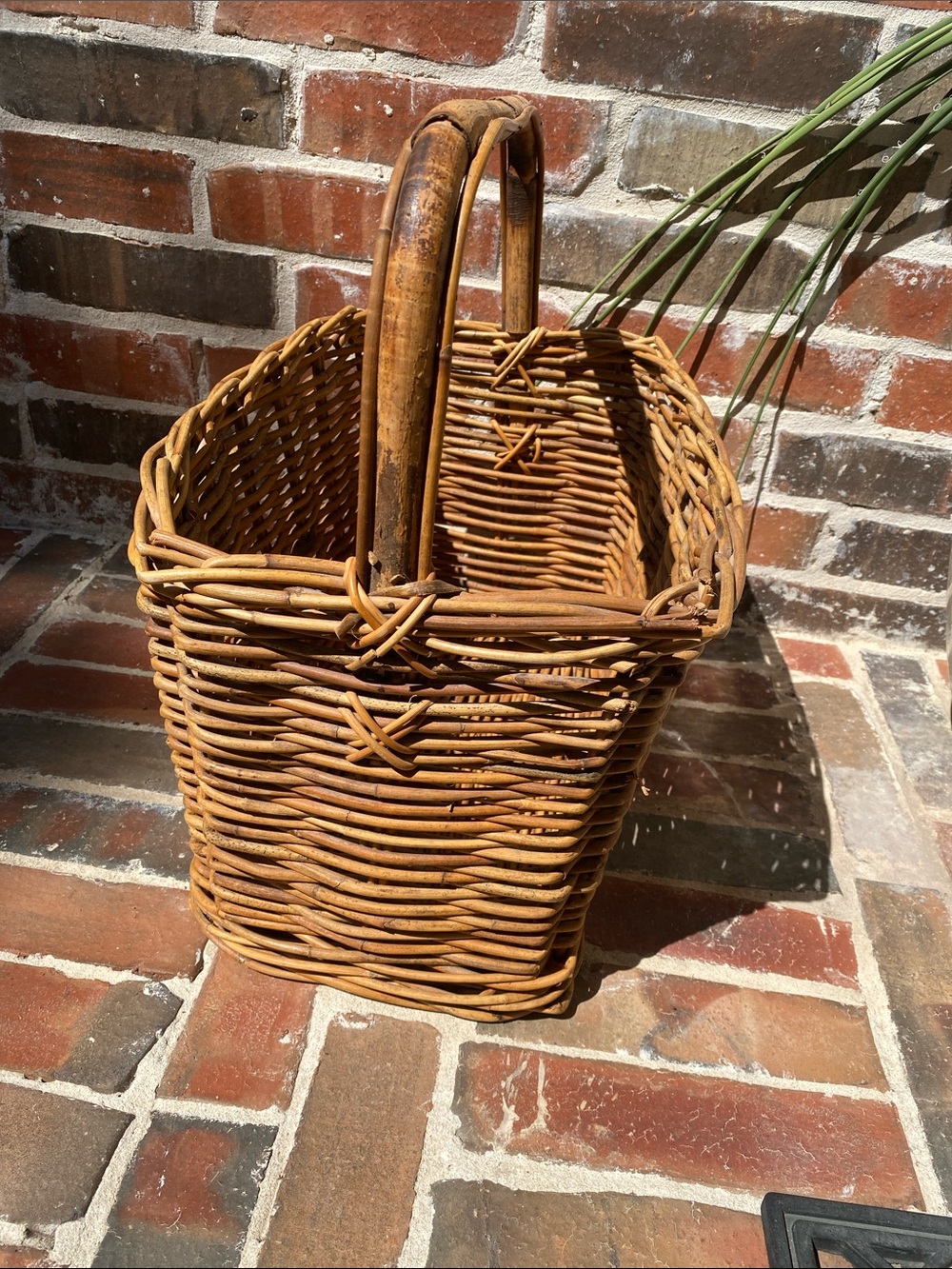Vintage Woven Rattan Gathering Basket with Bamboo Handle in Natural Brown - Picture 8 of 16